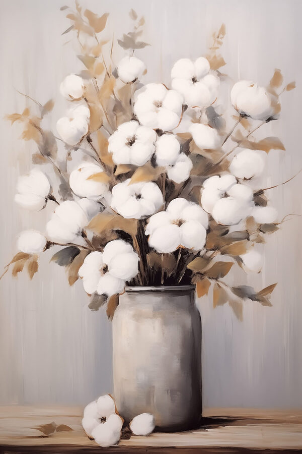 Painting of cotton flowers in a vase