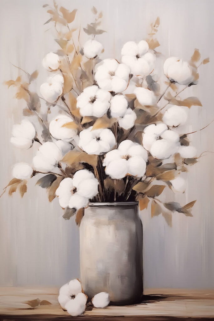 Painting of cotton flowers in a vase