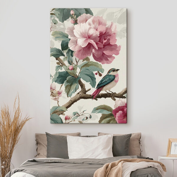 Wandbilder Vogel auf einem Ast mit Blumen