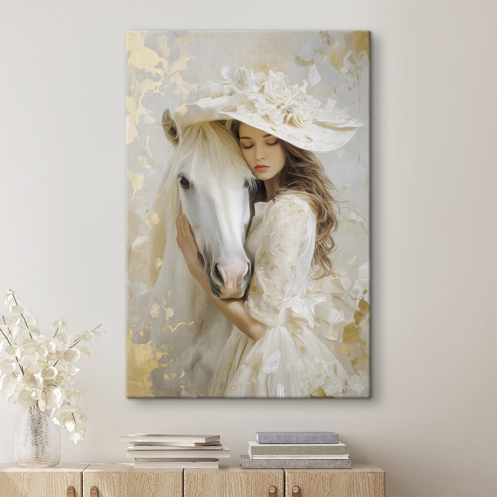 Woman in a white dress and hat hugging a horse Woman in a white dress and hat hugging a horse