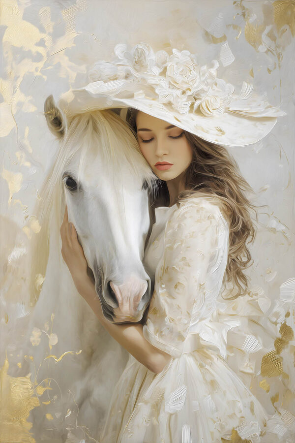 Woman in a white dress and hat hugging a horse Woman in a white dress and hat hugging a horse