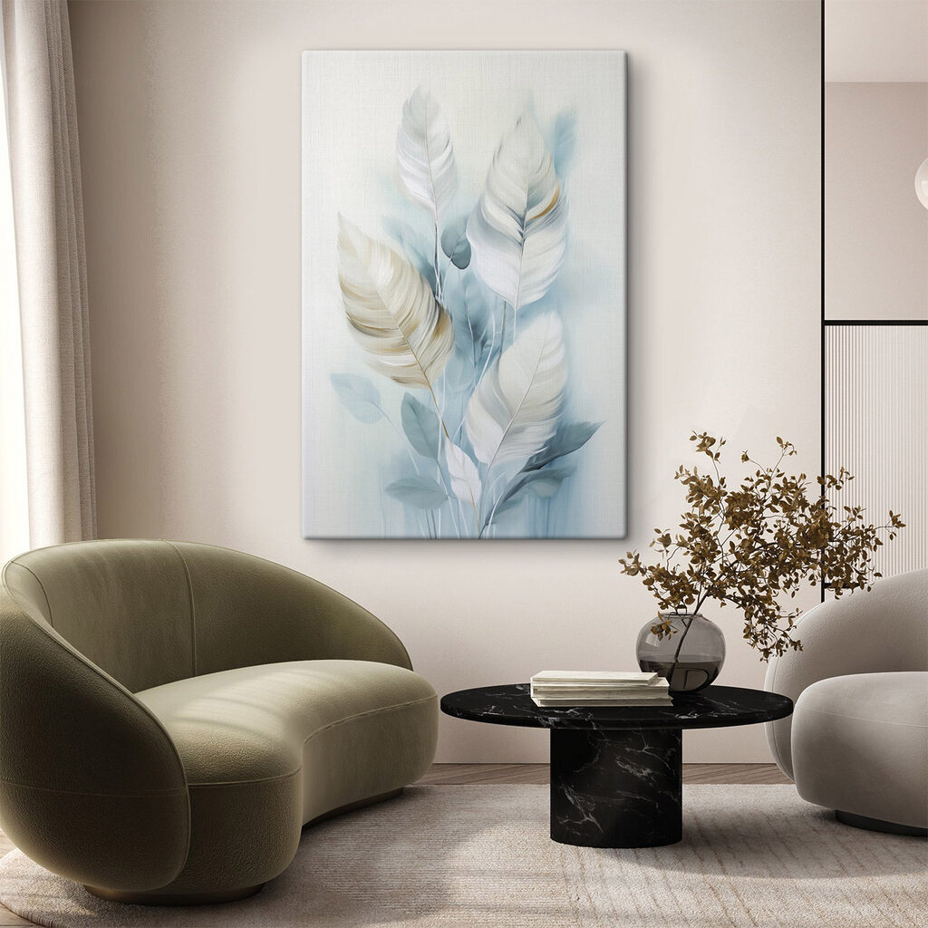 Painting of white and blue feathers