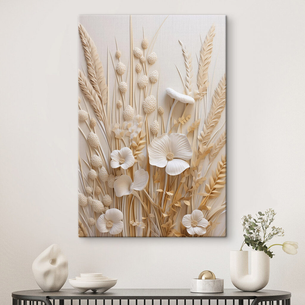 Group of white flowers and brown wheat
