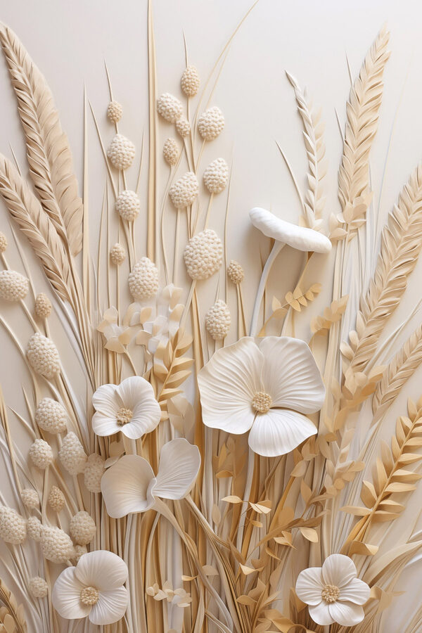 Group of white flowers and brown wheat
