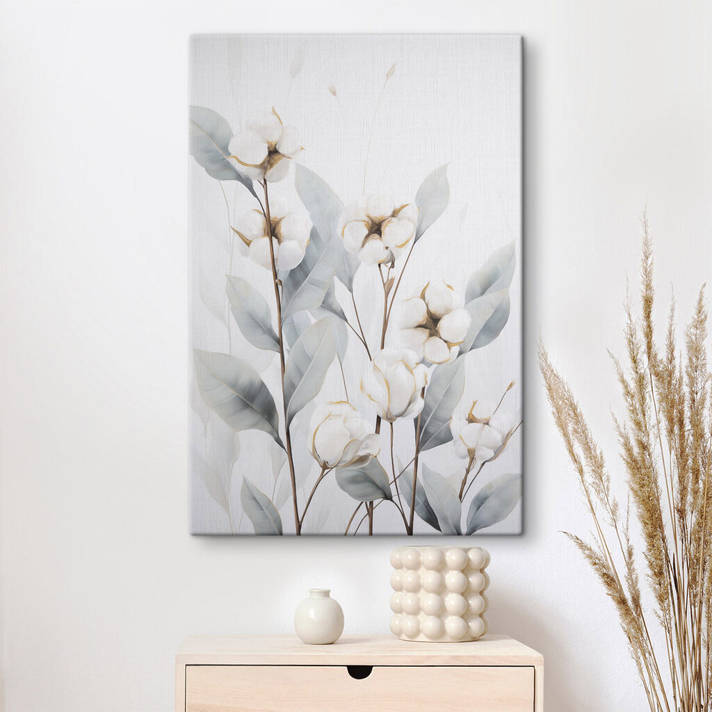 Painting of cotton flowers and leaves