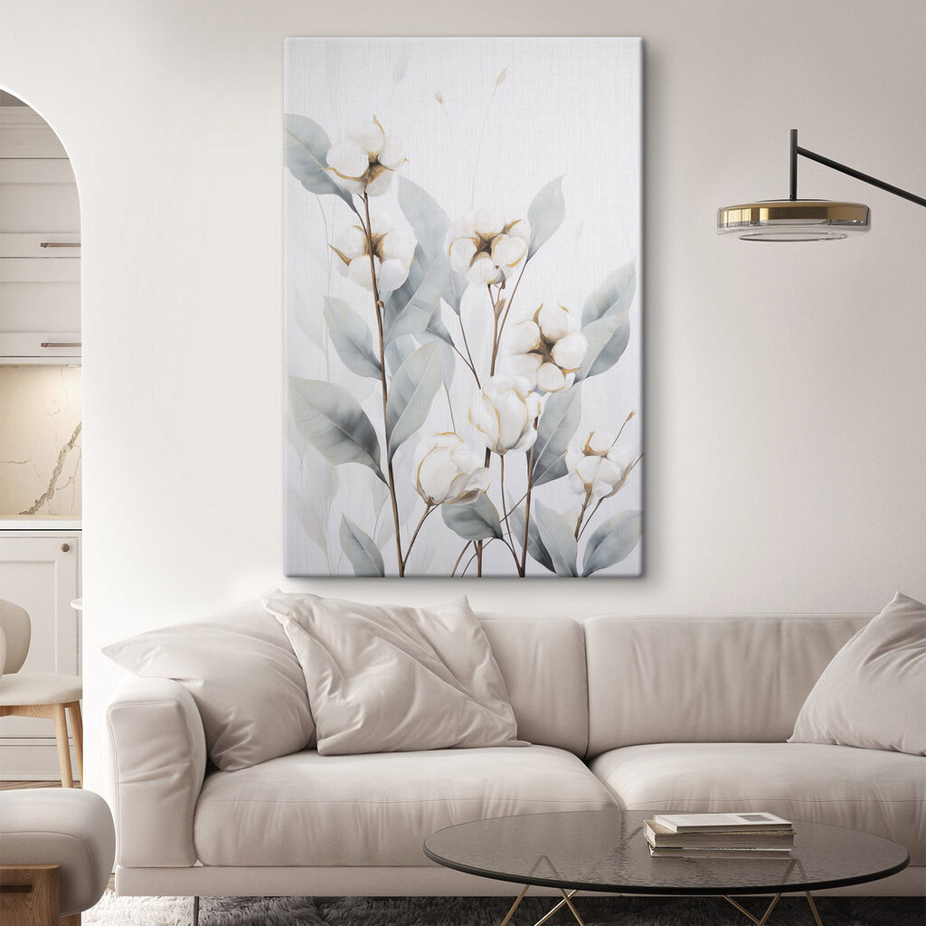 Painting of cotton flowers and leaves