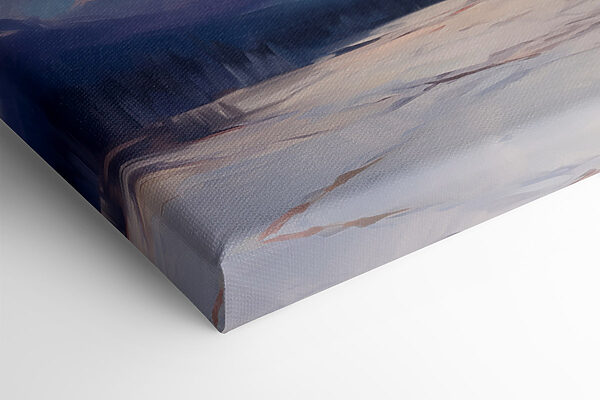 Painting of a mountain range with a lake and trees