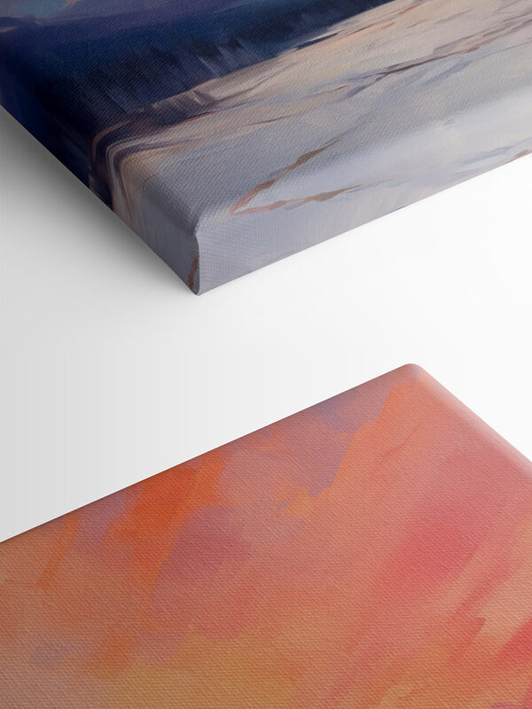 Painting of a mountain range with a lake and trees