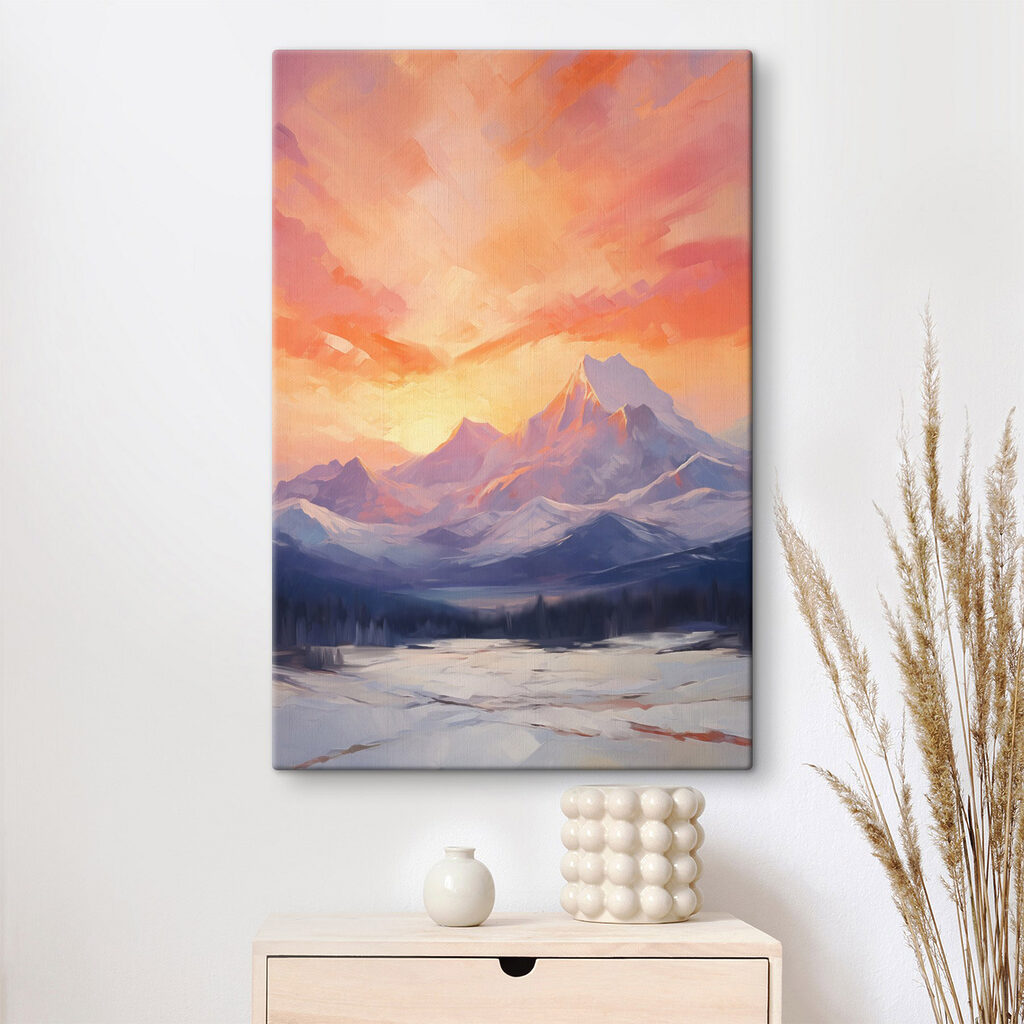 Painting of a mountain range with a lake and trees