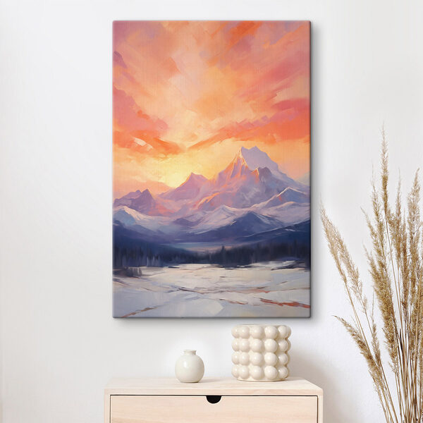 Painting of a mountain range with a lake and trees