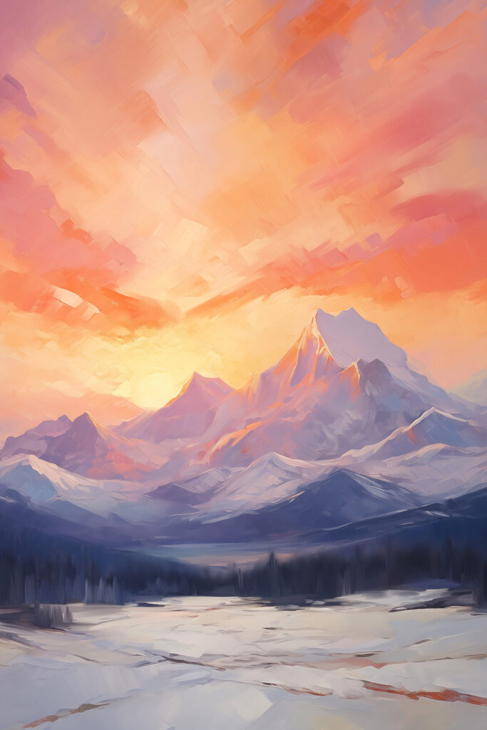 Painting of a mountain range with a lake and trees