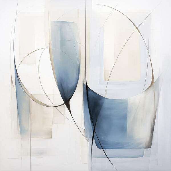 Painting of a couple of blue and white shapes