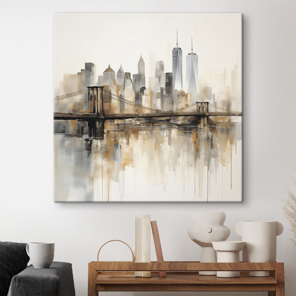 Bridge over water with city skyline in the background Bridge over water with city skyline in the background