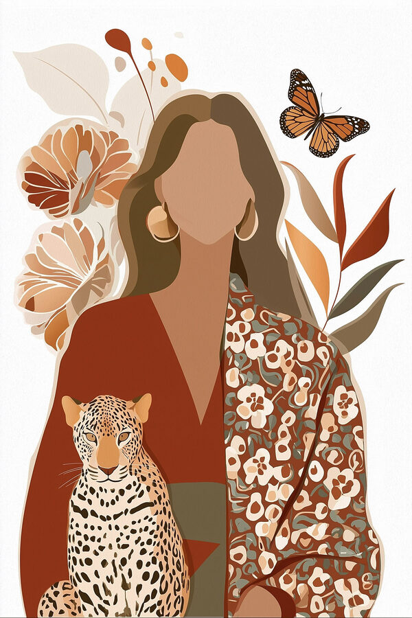 Woman with a leopard and butterflies Woman with a leopard and butterflies