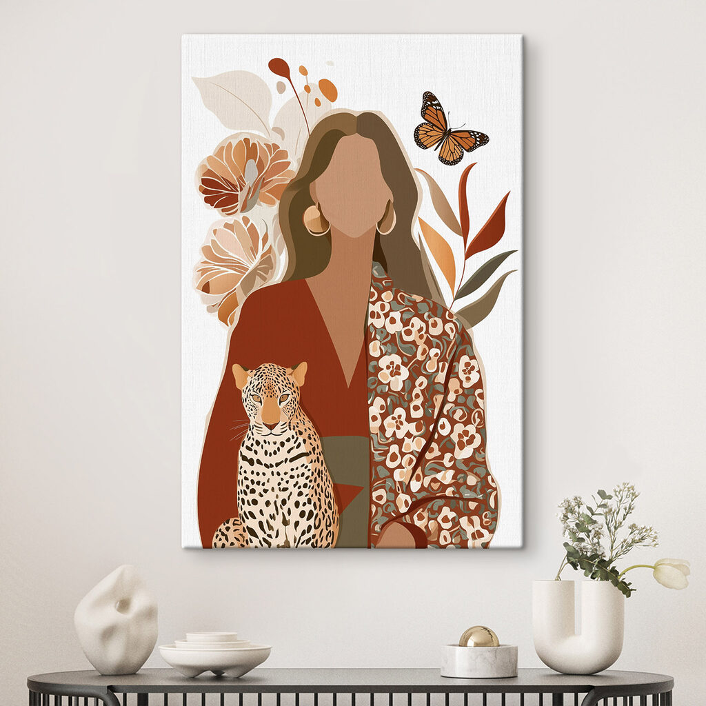 Woman with a leopard and butterflies Woman with a leopard and butterflies