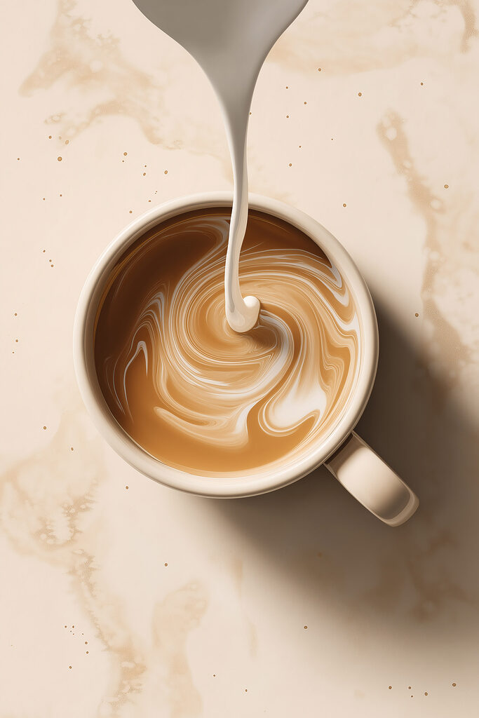 Cup of coffee with milk pouring into it