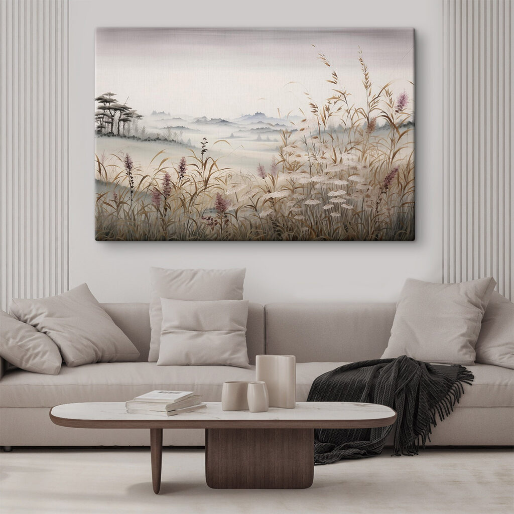 Painting of a landscape with grass and flowers Painting of a landscape with grass and flowers