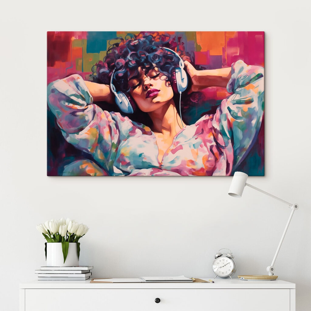 Woman lying down with headphones on her head
