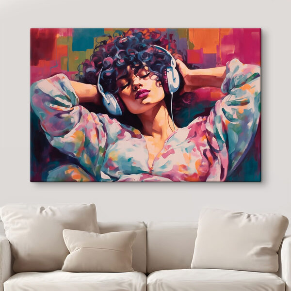 Woman lying down with headphones on her head