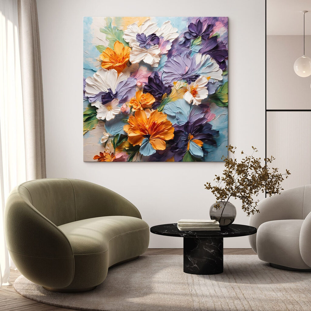 Painting of flowers on a blue surface Painting of flowers on a blue surface