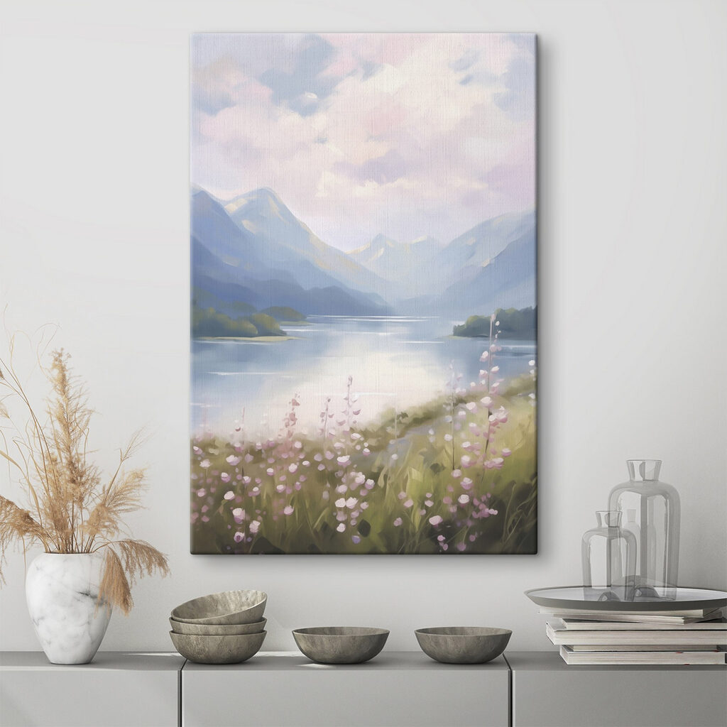 Painting of a lake and mountains Painting of a lake and mountains