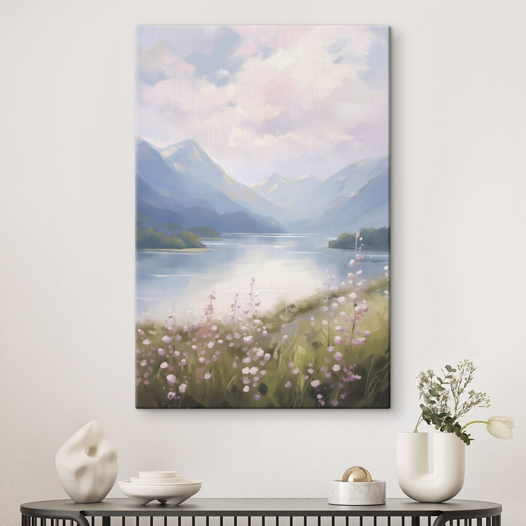 Painting of a lake and mountains Painting of a lake and mountains