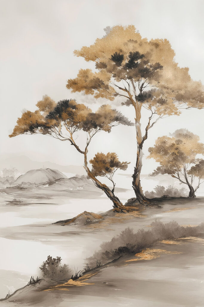 Painting of trees in a desert