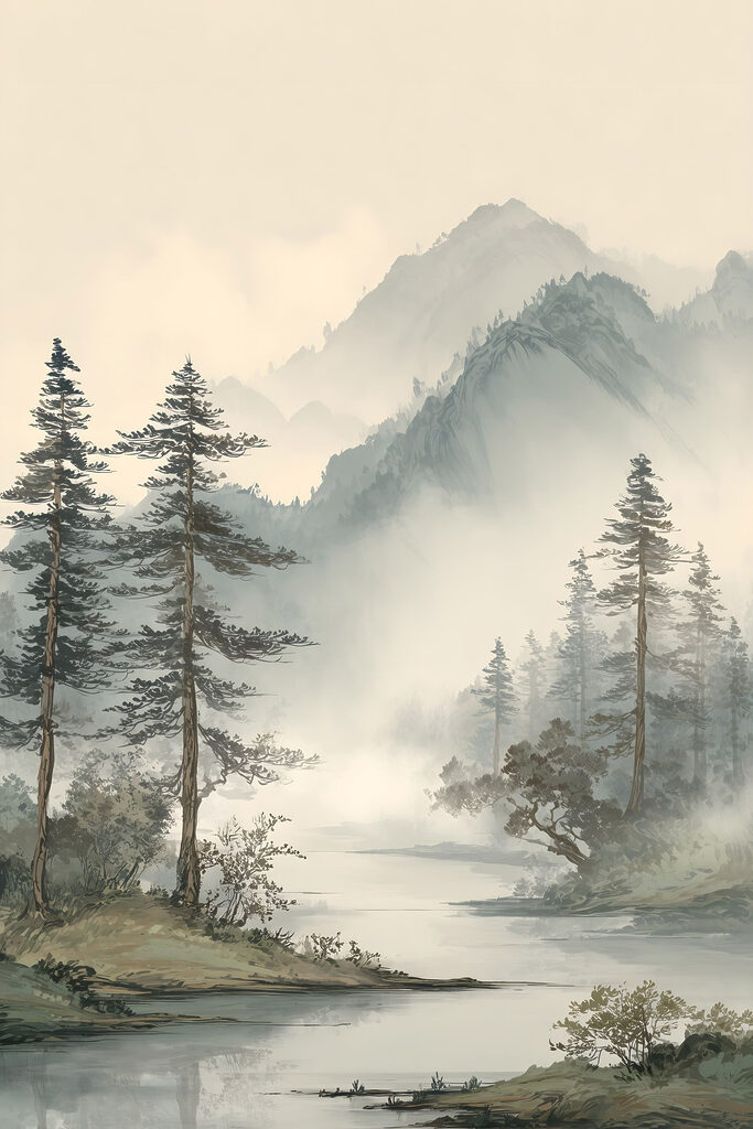River with trees and mountains in the background