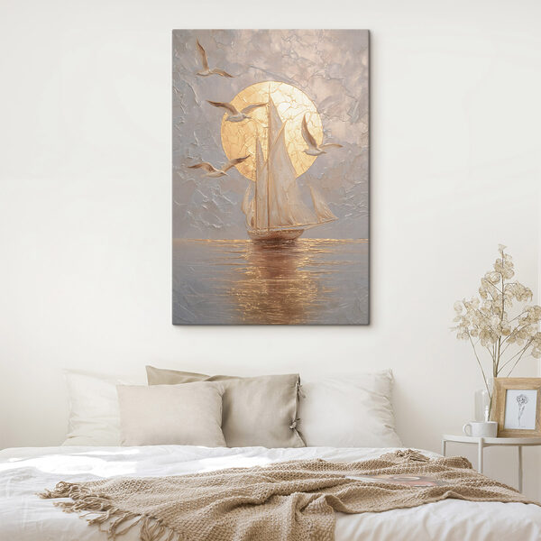 Painting of a sailboat and birds Painting of a sailboat and birds