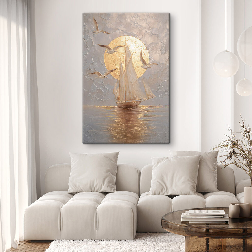 Painting of a sailboat and birds Painting of a sailboat and birds
