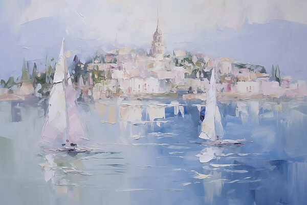 Painting of sailboats on water with a city in the background