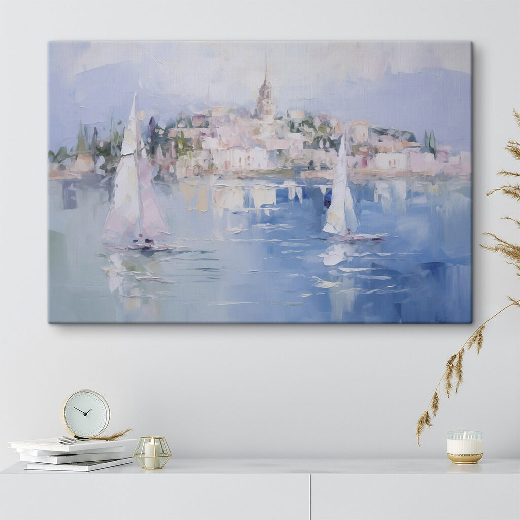 Painting of sailboats on water with a city in the background