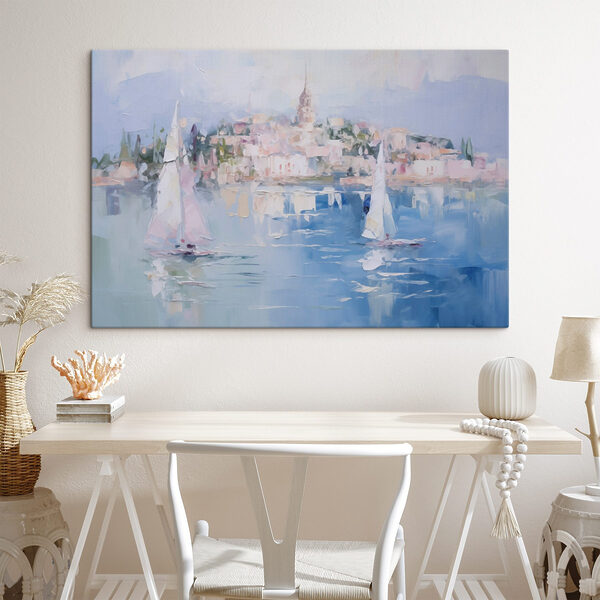 Painting of sailboats on water with a city in the background
