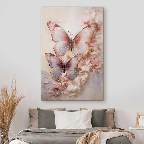 Butterflies on a wall with flowers Butterflies on a wall with flowers