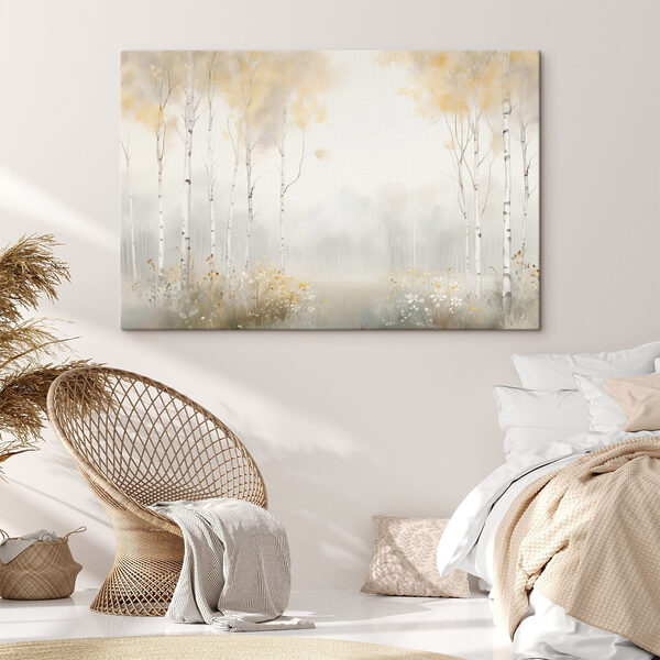 Painting of a forest with trees and flowers