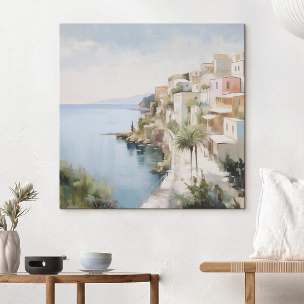 Watercolor painting of a town by the sea