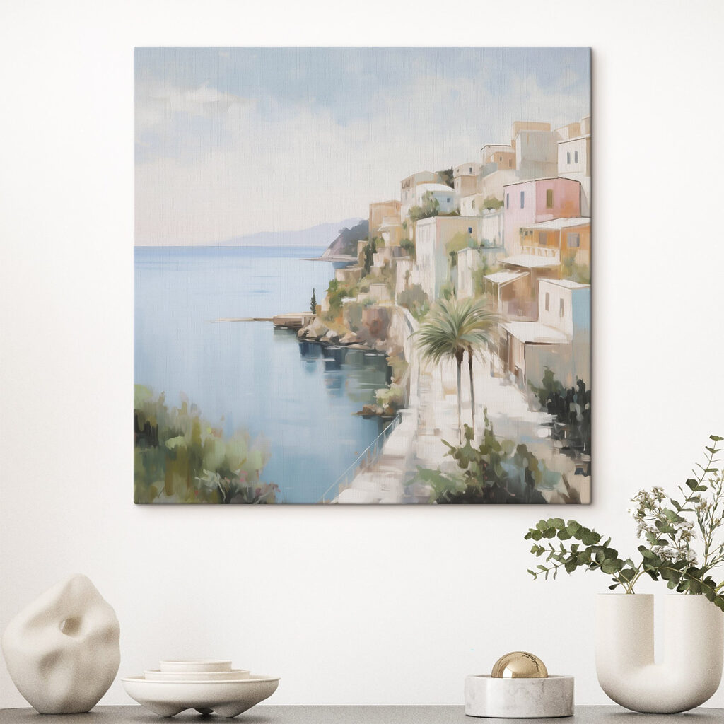 Watercolor painting of a town by the sea