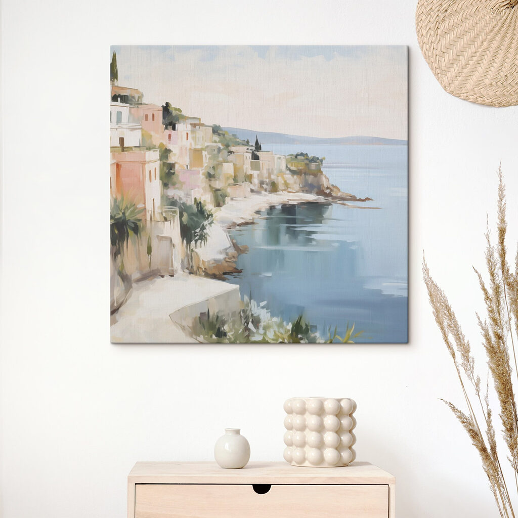 Painting of a city by the water Painting of a city by the water
