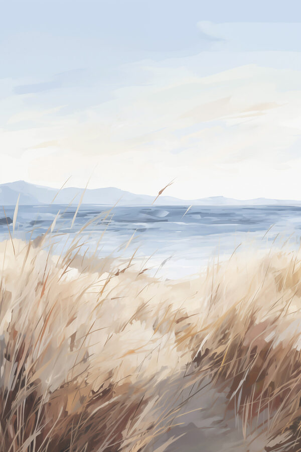 Watercolor painting of a field of grass and a body of water Watercolor painting of a field of grass and a body of water