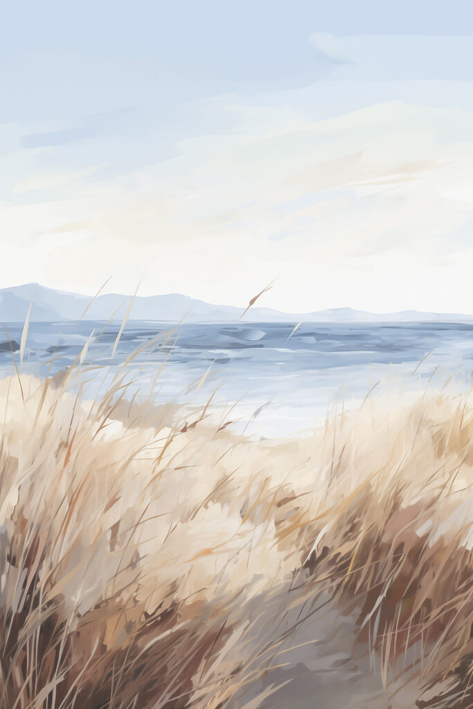 Watercolor painting of a field of grass and a body of water Watercolor painting of a field of grass and a body of water