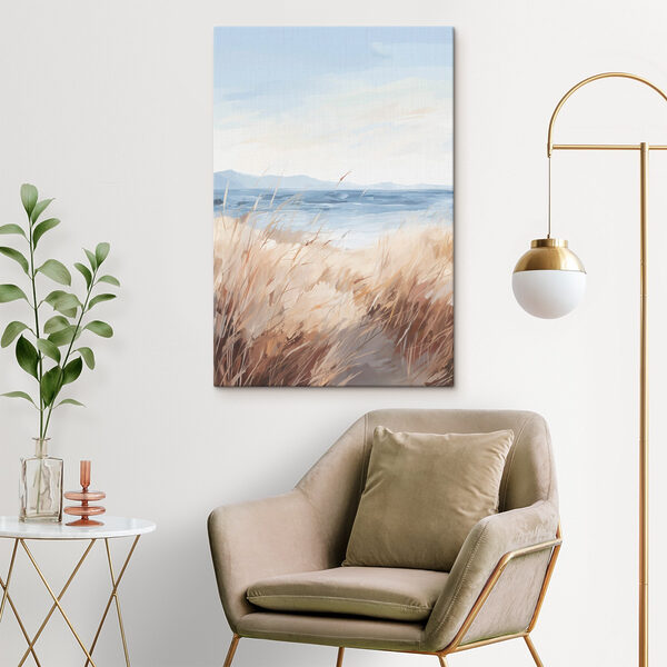 Watercolor painting of a field of grass and a body of water Watercolor painting of a field of grass and a body of water