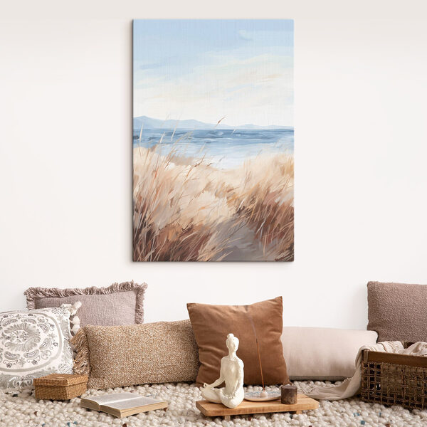 Watercolor painting of a field of grass and a body of water Watercolor painting of a field of grass and a body of water