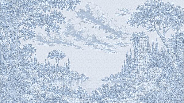 Blue and white drawing of a lake and trees Blue and white drawing of a lake and trees