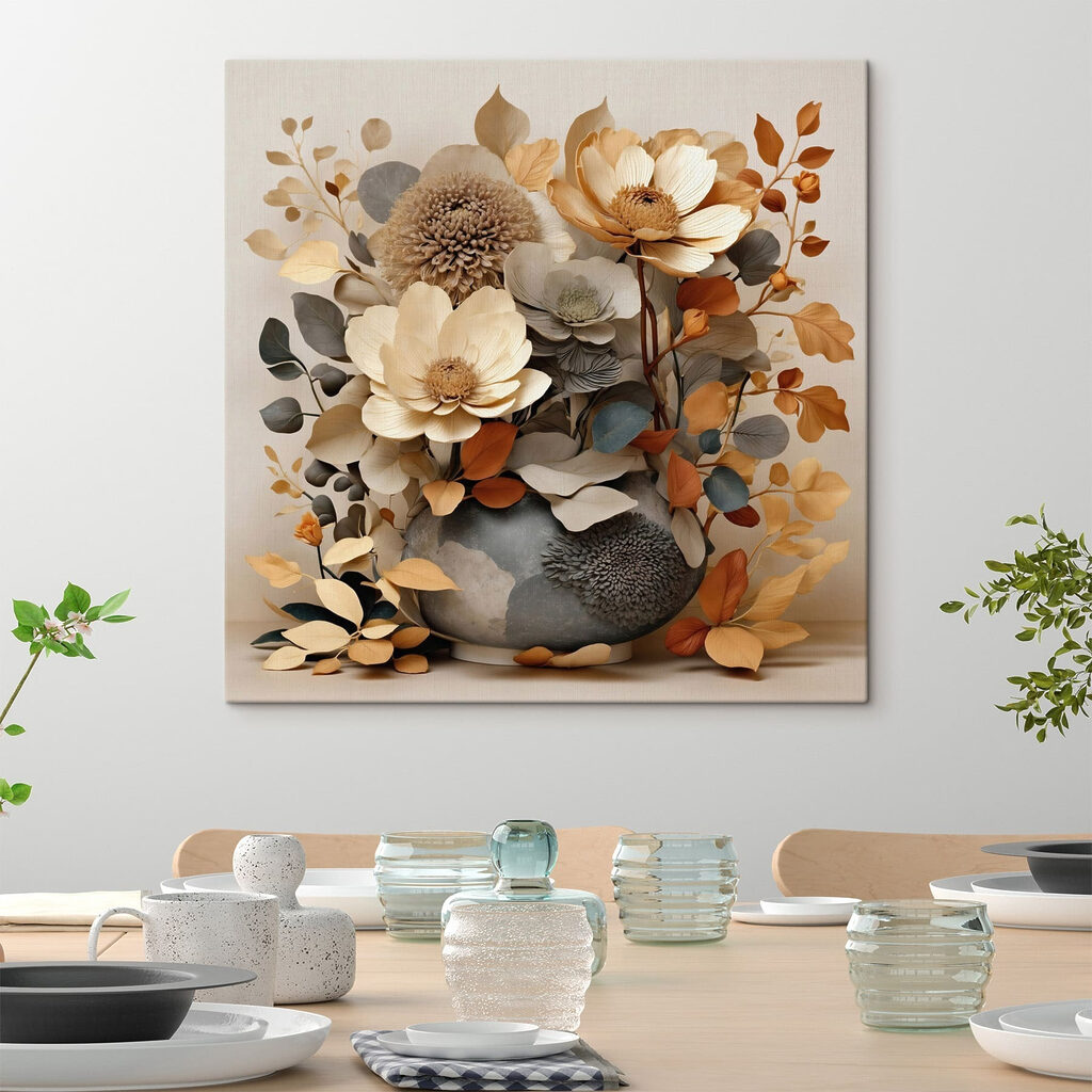 Vase with flowers and leaves