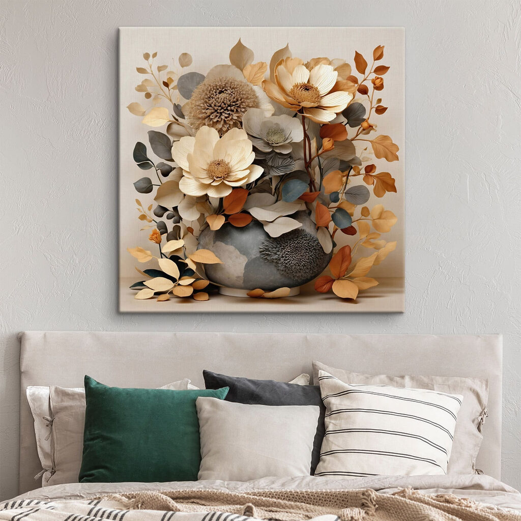 Vase with flowers and leaves