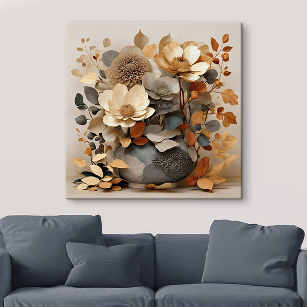 Vase with flowers and leaves