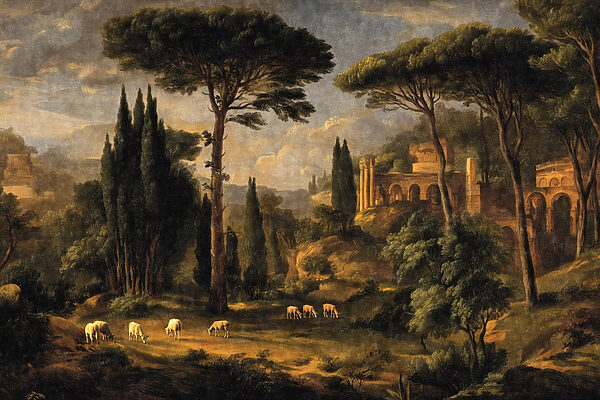 Painting of a landscape with trees and a building Painting of a landscape with trees and a building