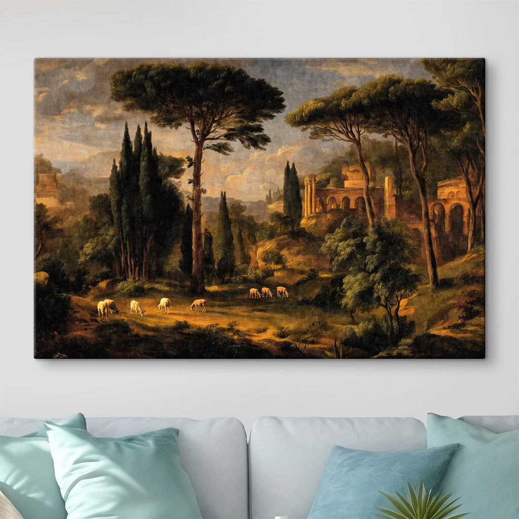 Painting of a landscape with trees and a building Painting of a landscape with trees and a building