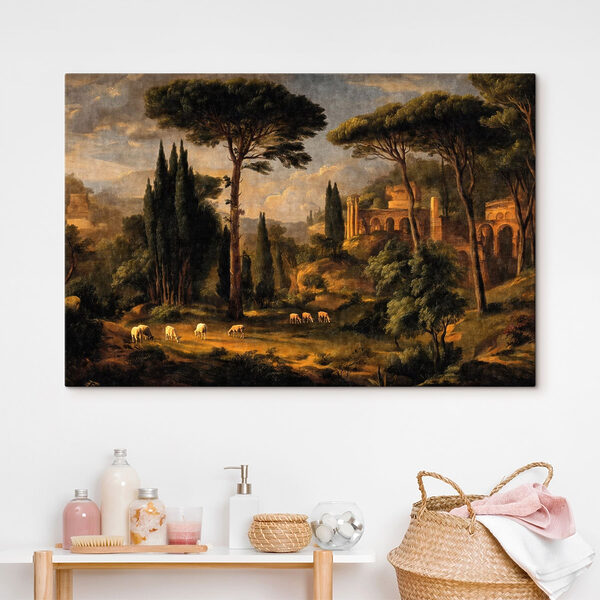 Painting of a landscape with trees and a building Painting of a landscape with trees and a building
