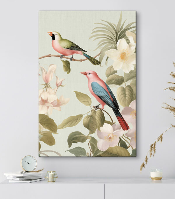 Couple of birds on a branch with flowers Couple of birds on a branch with flowers